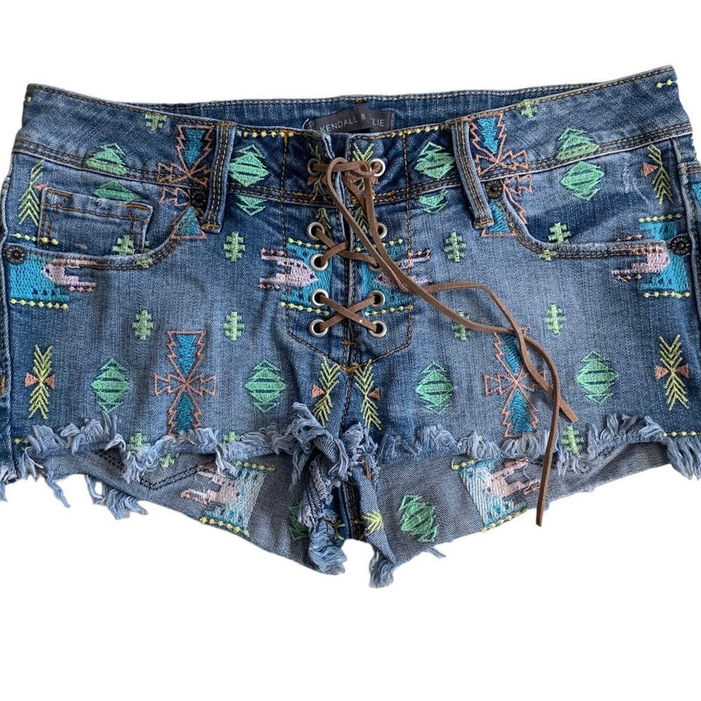 Women's Size 3 Low Rise Jean Shorts Lace Up Raw Hem Embroidered Kendal & Kylie